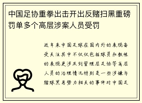 中国足协重拳出击开出反赌扫黑重磅罚单多个高层涉案人员受罚