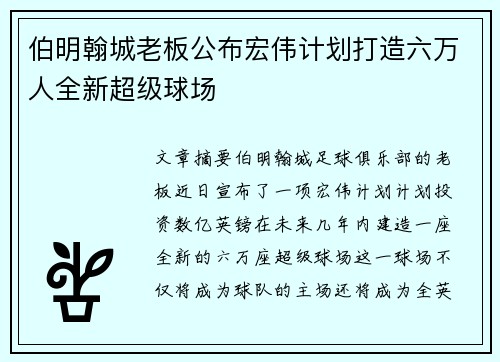 伯明翰城老板公布宏伟计划打造六万人全新超级球场 伯明翰城老板公布宏伟计划打造六万人全新超级球场